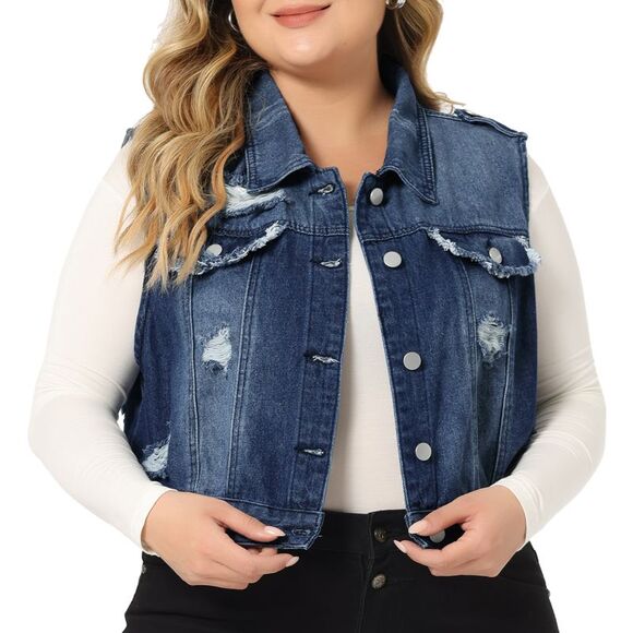 Agnes Orinda Jackets & Blazers - Plus Size Sleeveless Button Jean Crop Denim Jacket Vest Dark Blue